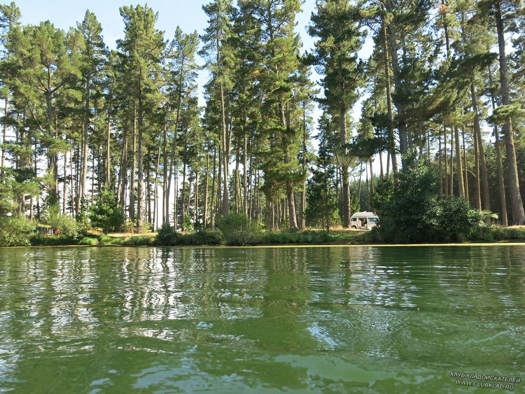 Вид на берег  кемпинга Lake Whakamaru с воды Гдето там и мой Нюх стоит
