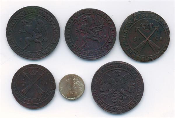 Шведские монеты Густава Адольфа 1 эре и 1/2 эре1627-1629 г. (аверс)