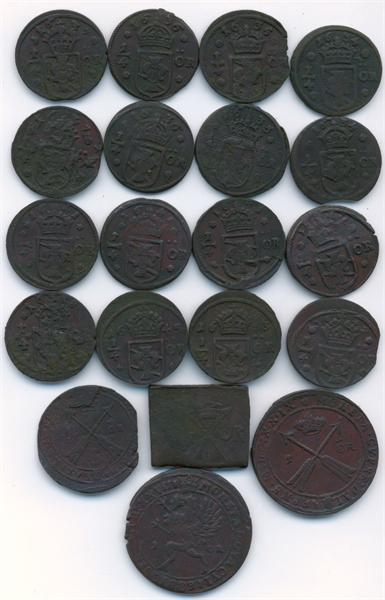 Шведские монеты (аверс) 1/4 эре 1634-1653, 1/2 эре 1628, 1 эре 1625-1629